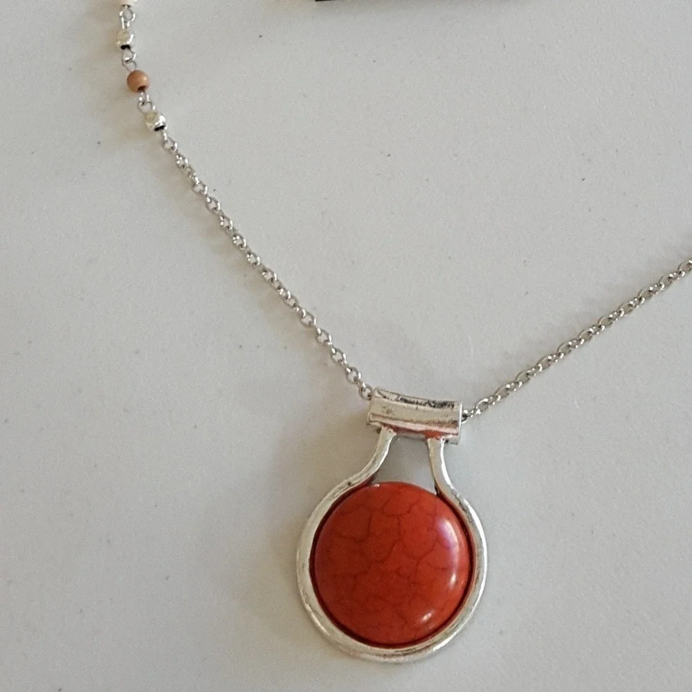 Silver Tone‎ Orange Faux Stone Pendant Necklace and Drop Earring Jewelry Set NEW